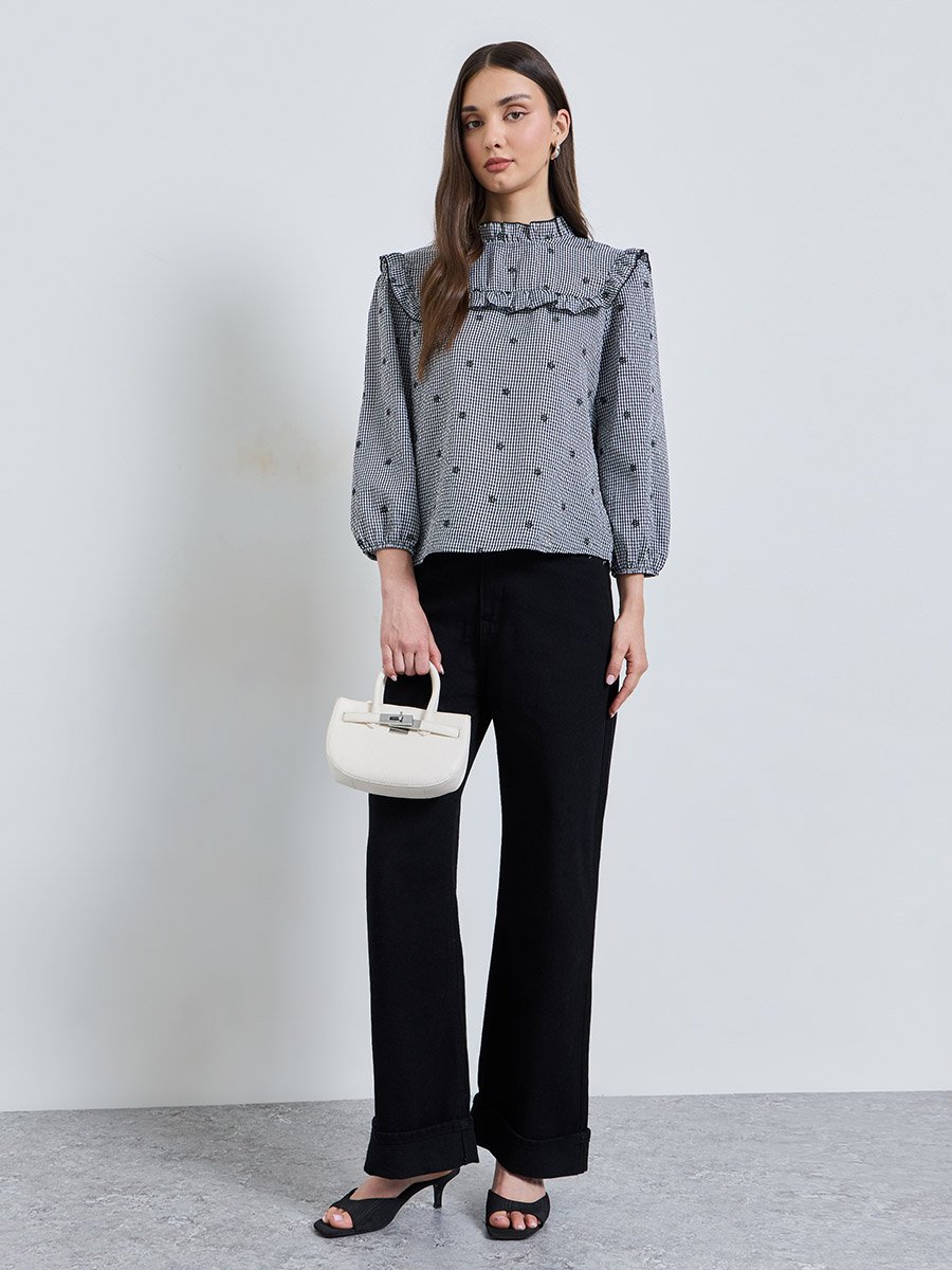 Monochrome Checked High Neck Blouse