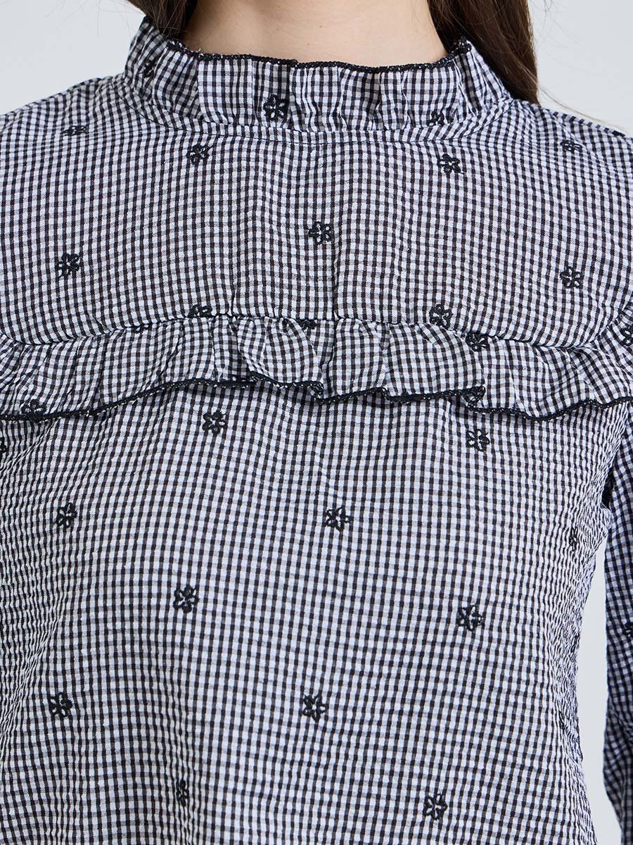 Monochrome Checked High Neck Blouse