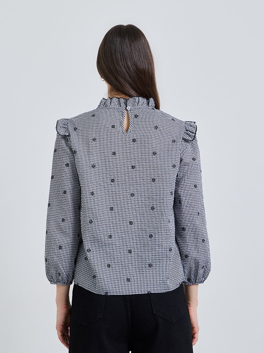 Monochrome Checked High Neck Blouse
