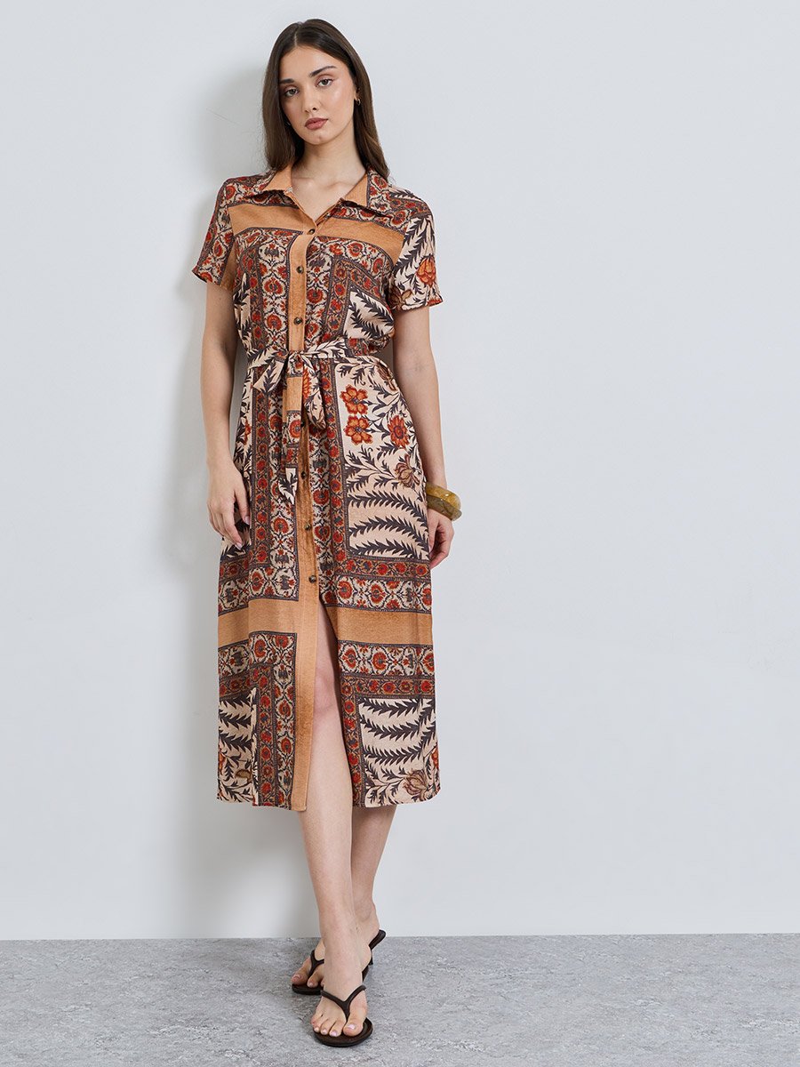 Multi Printed Collared A-Line Midi Dress
