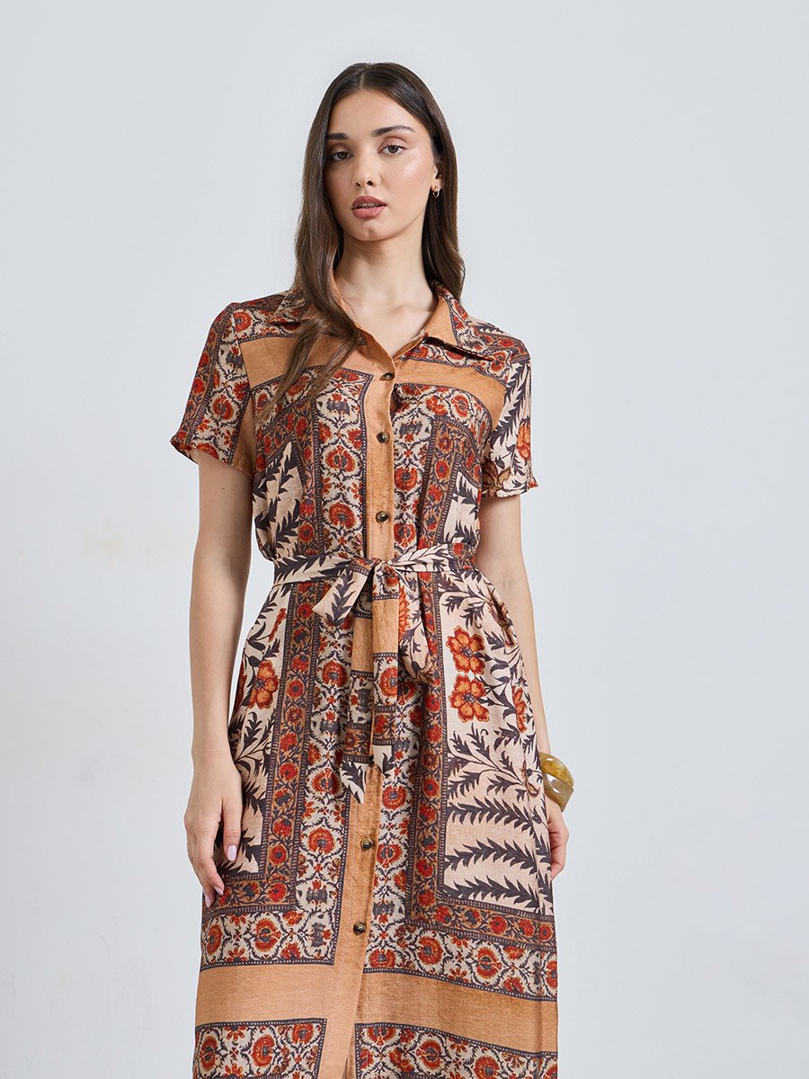 Multi Printed Collared A-Line Midi Dress