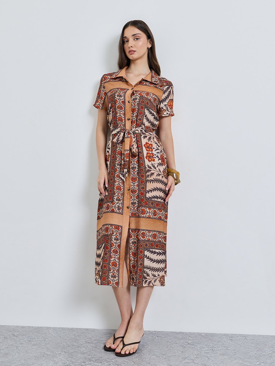Multi Printed Collared A-Line Midi Dress