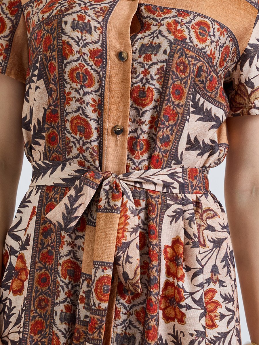 Multi Printed Collared A-Line Midi Dress