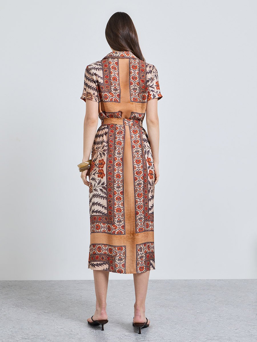 Multi Printed Collared A-Line Midi Dress