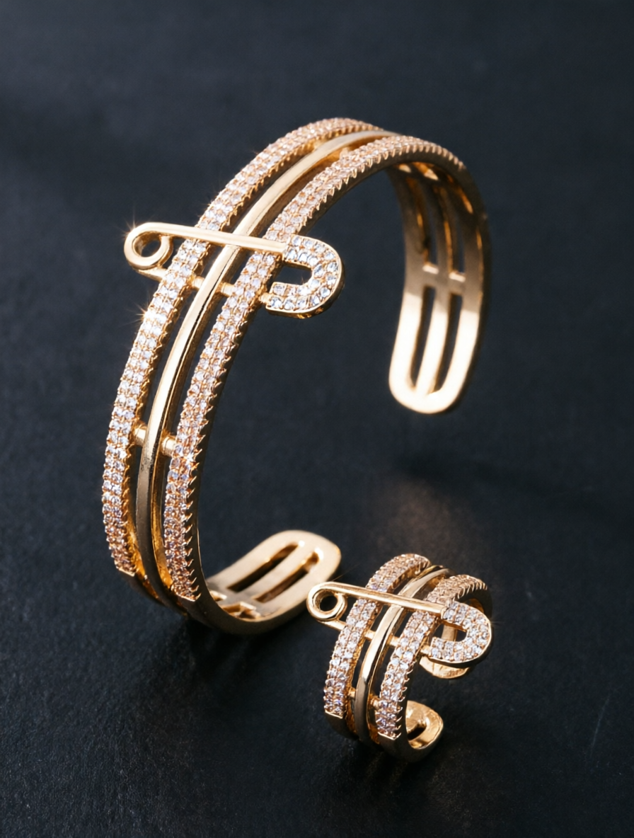 Gold Cubic Zirconia Safety Pin Bracelet and Ring Set