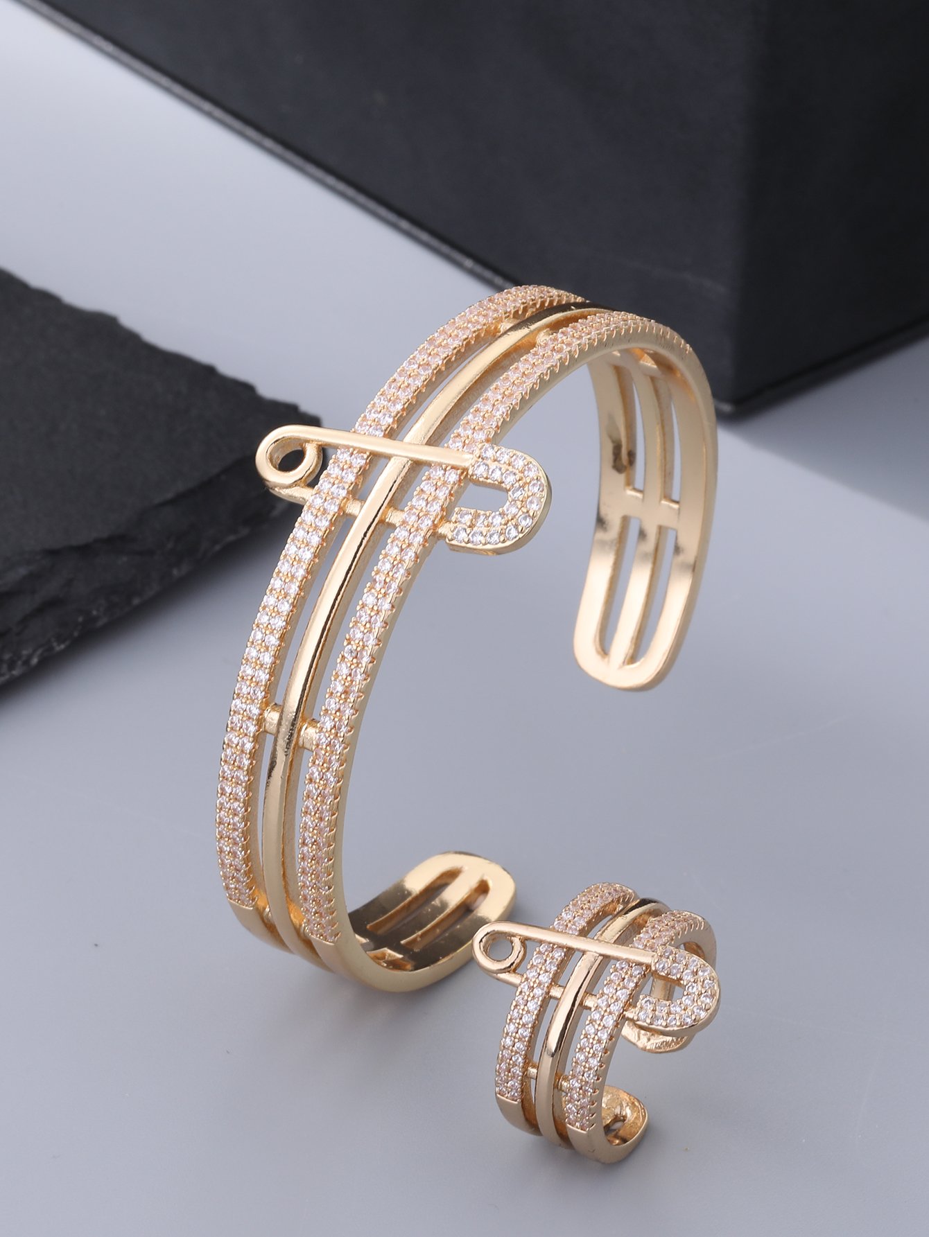 Gold Cubic Zirconia Safety Pin Bracelet and Ring Set