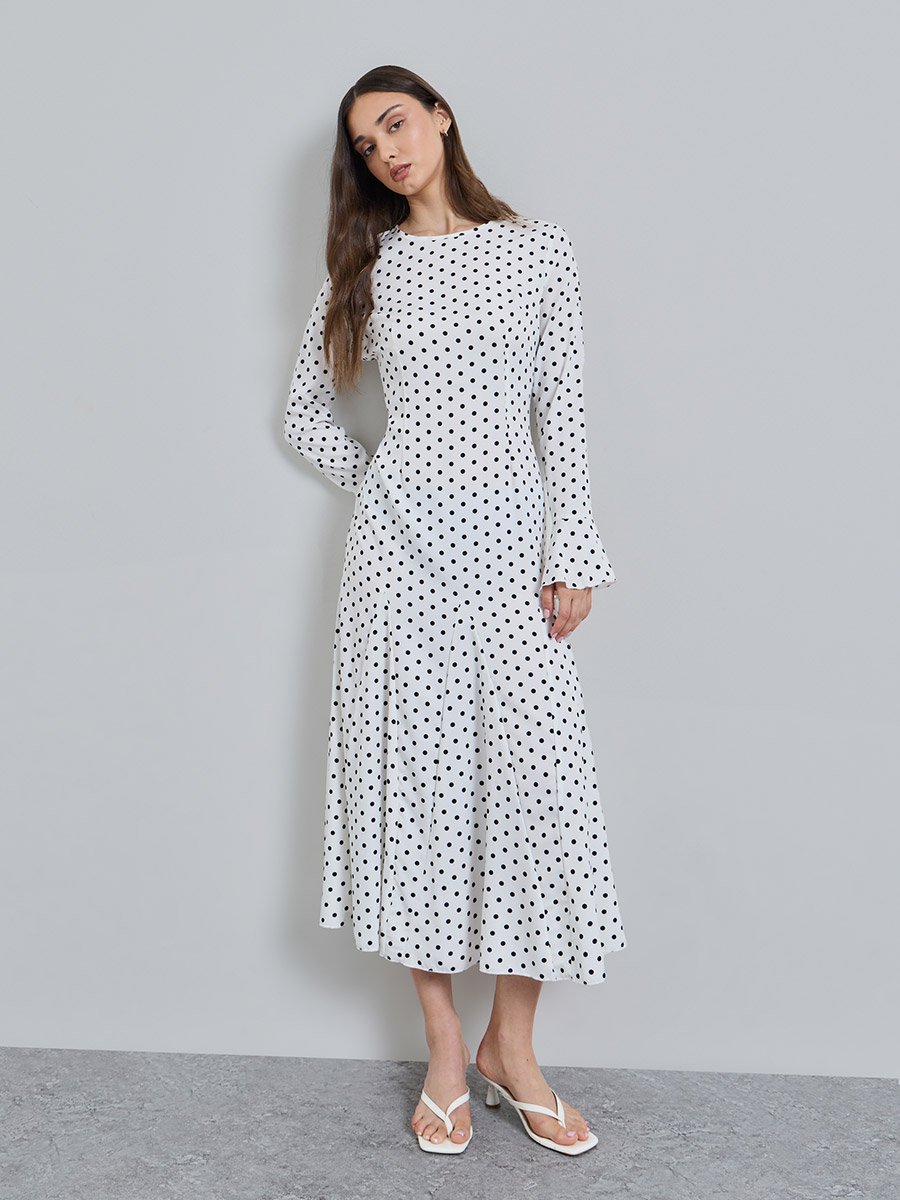 White Printed Round Neck A-Line Midi Dress