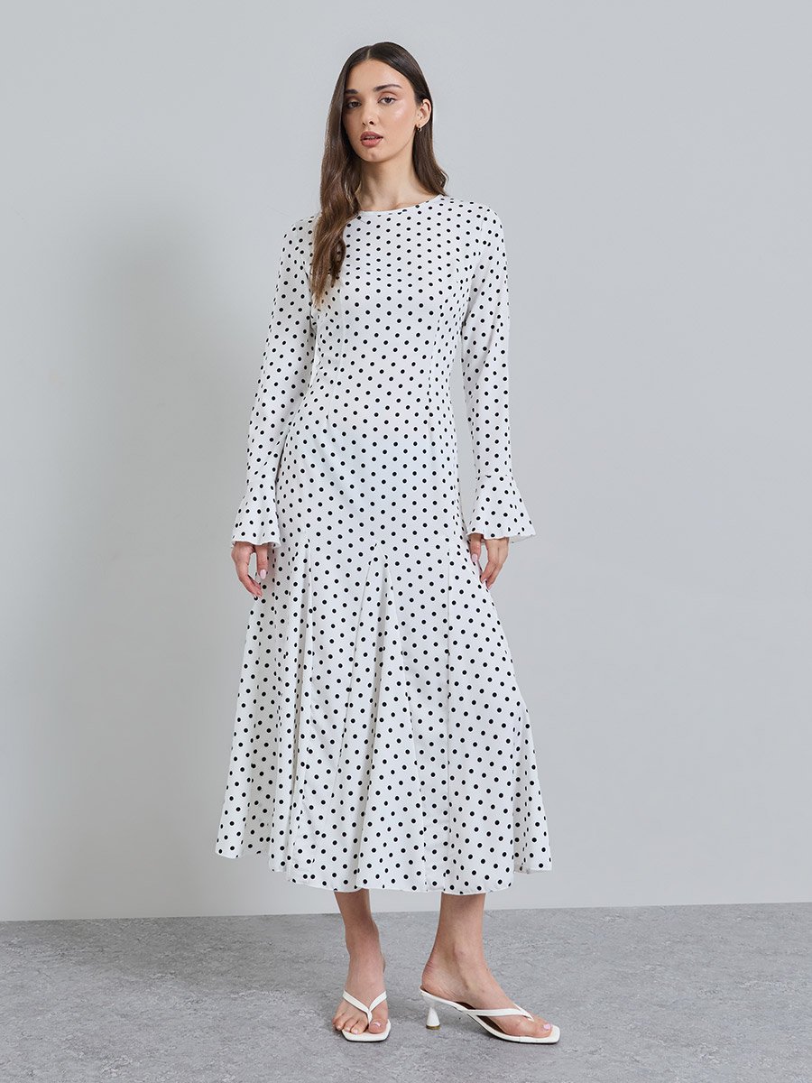 White Printed Round Neck A-Line Midi Dress