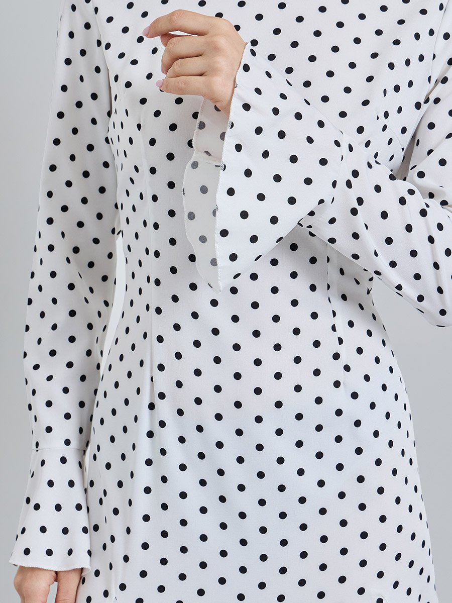 White Printed Round Neck A-Line Midi Dress