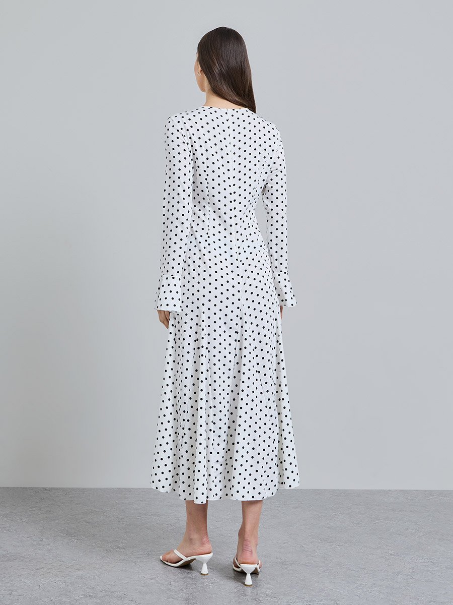 White Printed Round Neck A-Line Midi Dress
