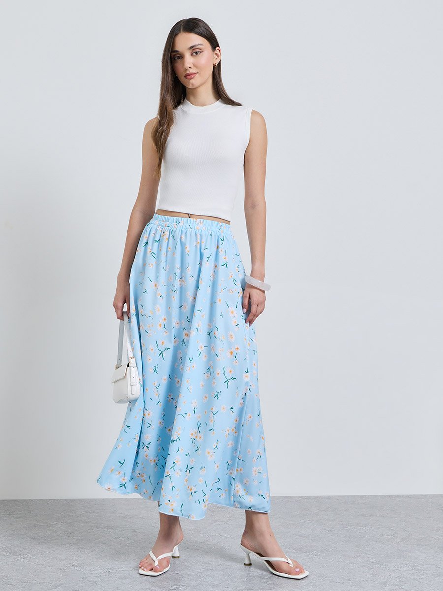Light Blue Floral A-Line Midi Skirt
