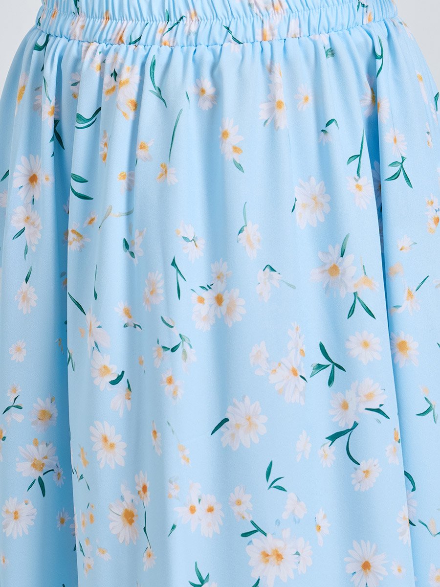 Light Blue Floral A-Line Midi Skirt