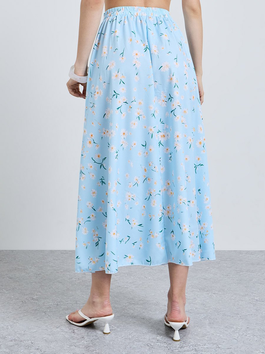 Light Blue Floral A-Line Midi Skirt