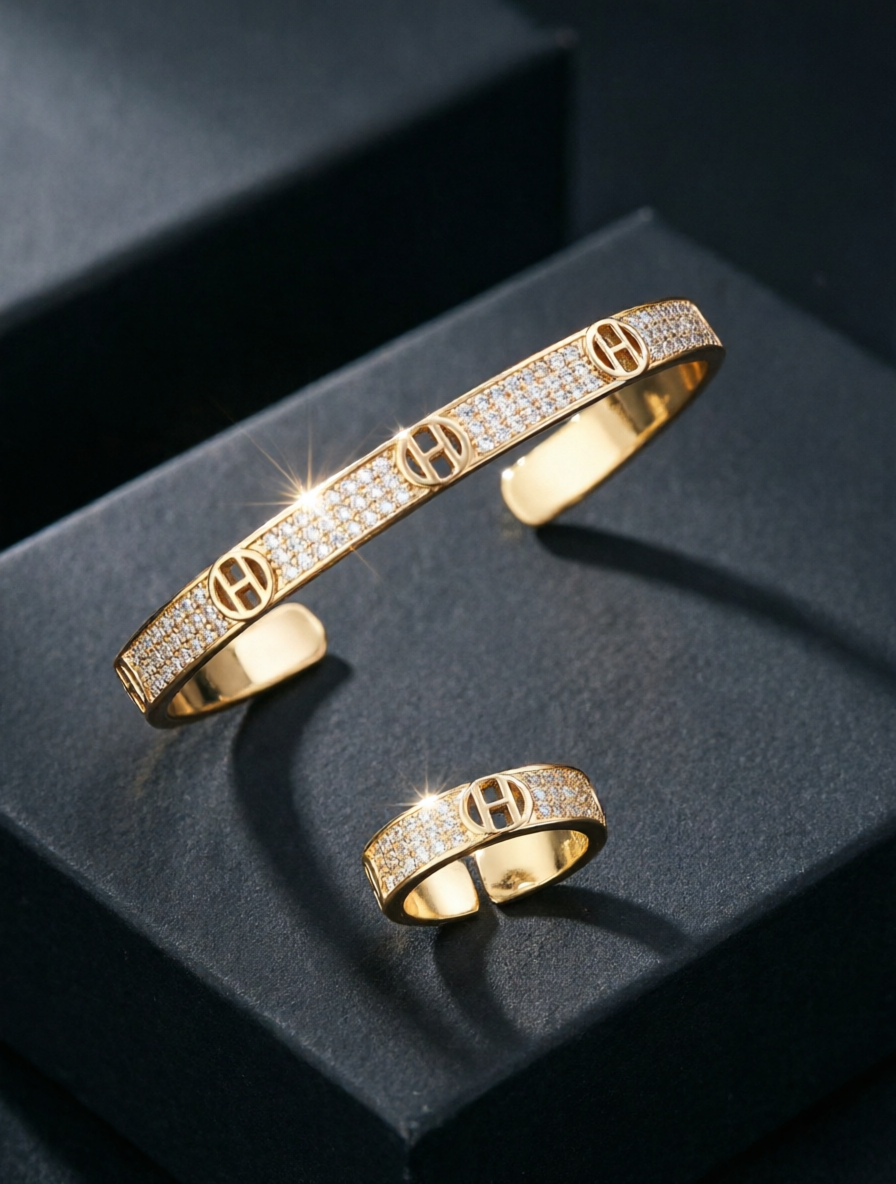 Gold H Initial Cubic Zirconia Bracelet and Ring Set