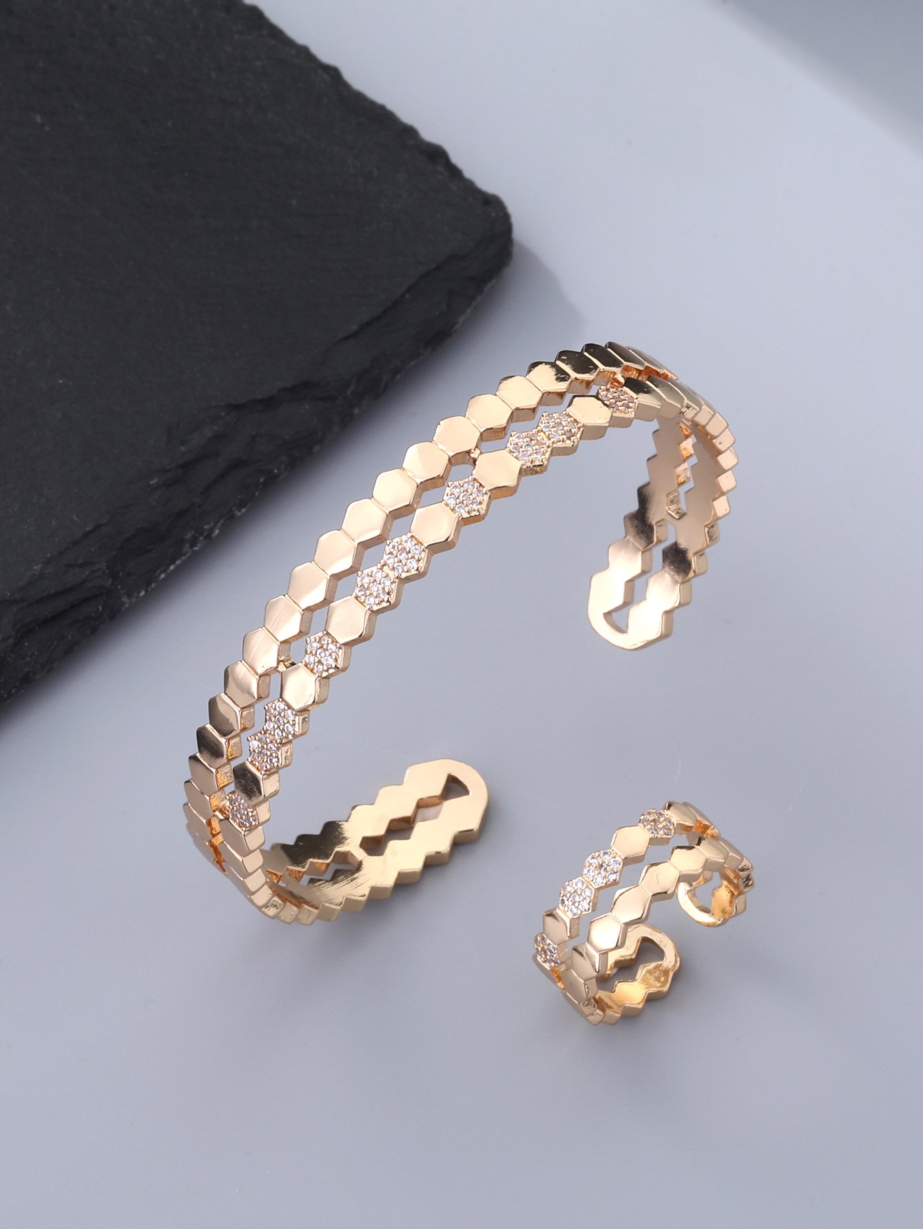 Honeycomb Gold CZ Bracelet and Ring Set