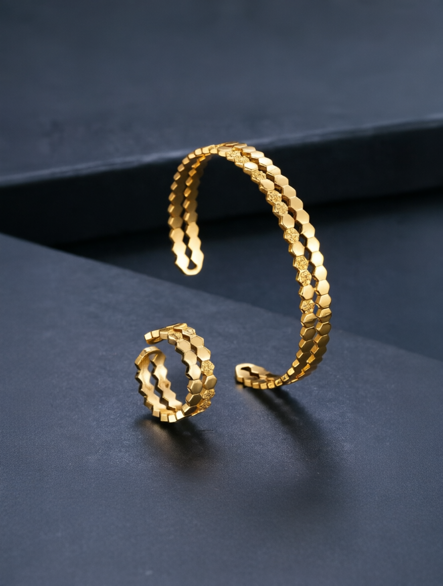 Honeycomb Gold CZ Bracelet and Ring Set