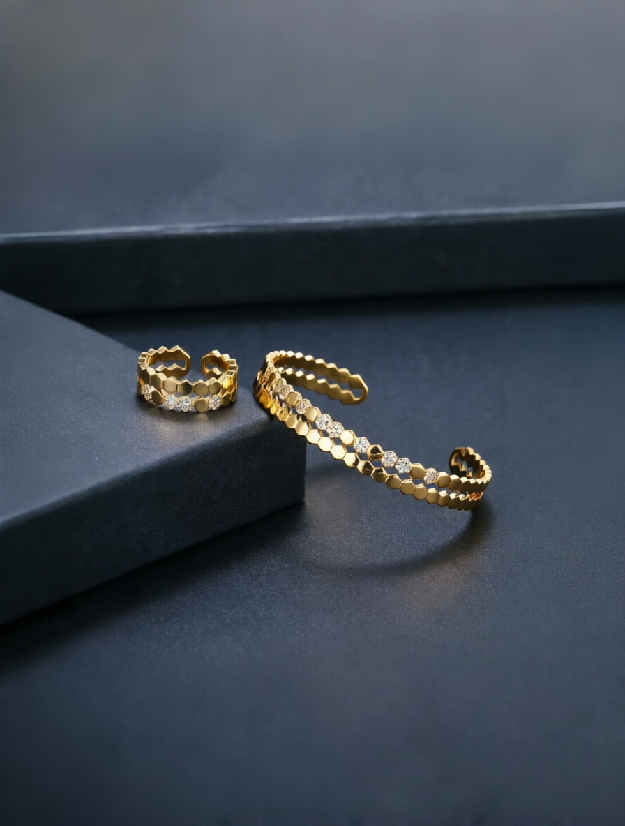 Honeycomb Gold CZ Bracelet and Ring Set