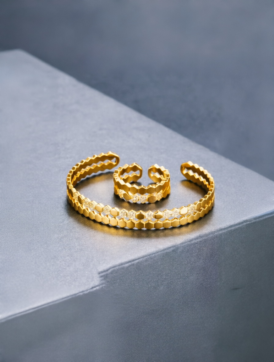 Honeycomb Gold CZ Bracelet and Ring Set