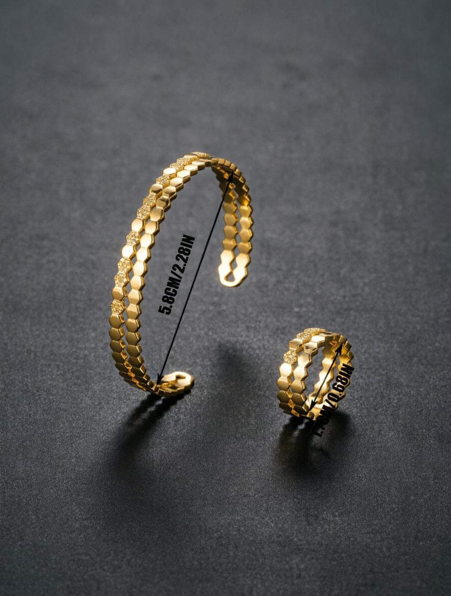 Honeycomb Gold CZ Bracelet and Ring Set