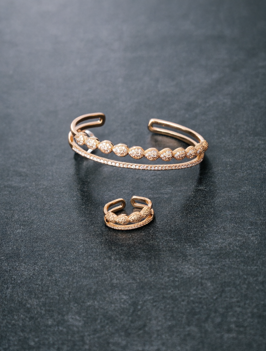 Gold CZ Bracelet and Ring Set - 2-Pack