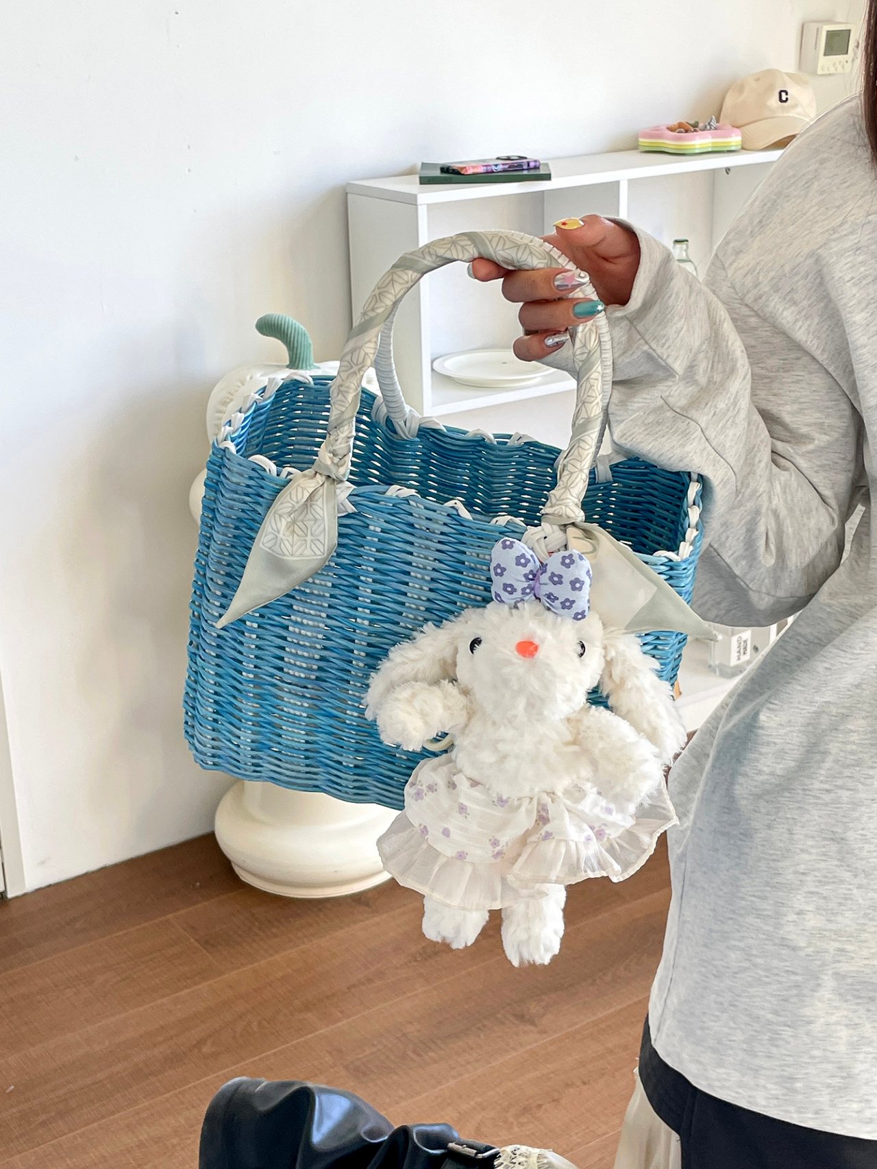 Blue Woven Handbag with Scarf and Bunny Charm
