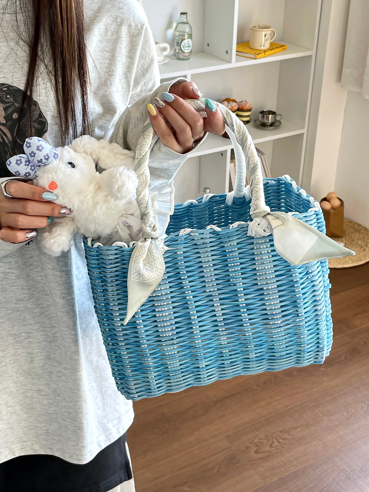 Blue Woven Handbag with Scarf and Bunny Charm
