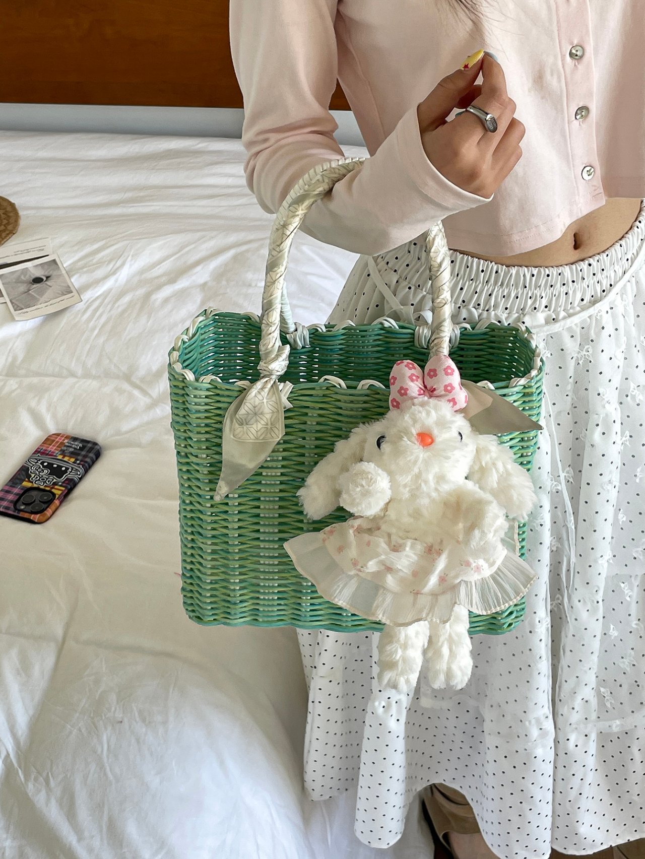 Green Woven Handbag with Bunny Charm