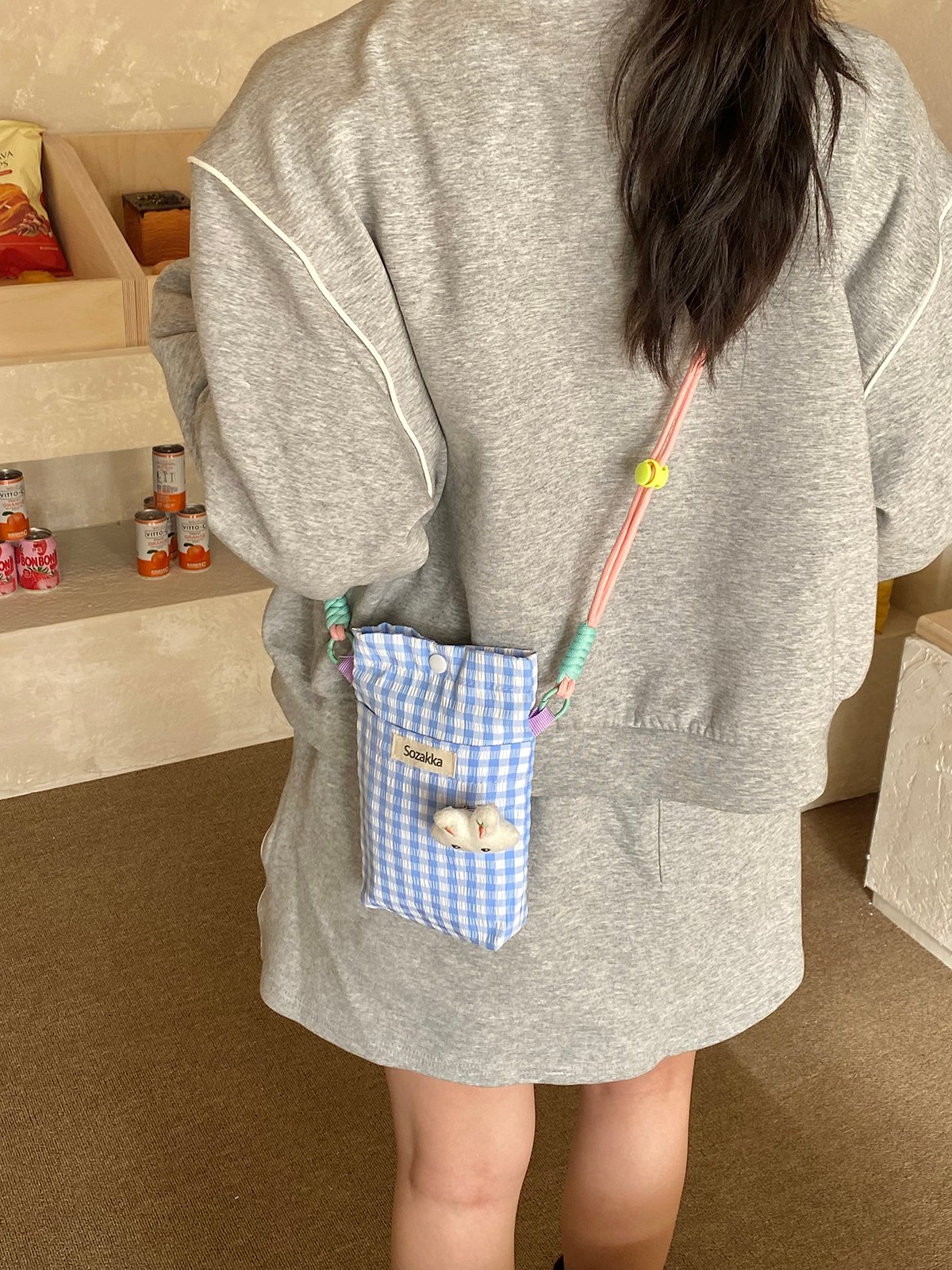 Blue Gingham Crossbody Bag With Bunny Charm