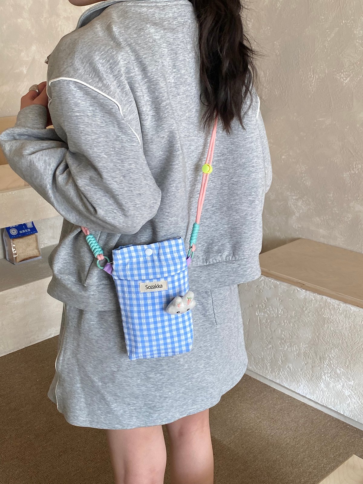 Blue Gingham Crossbody Bag With Bunny Charm