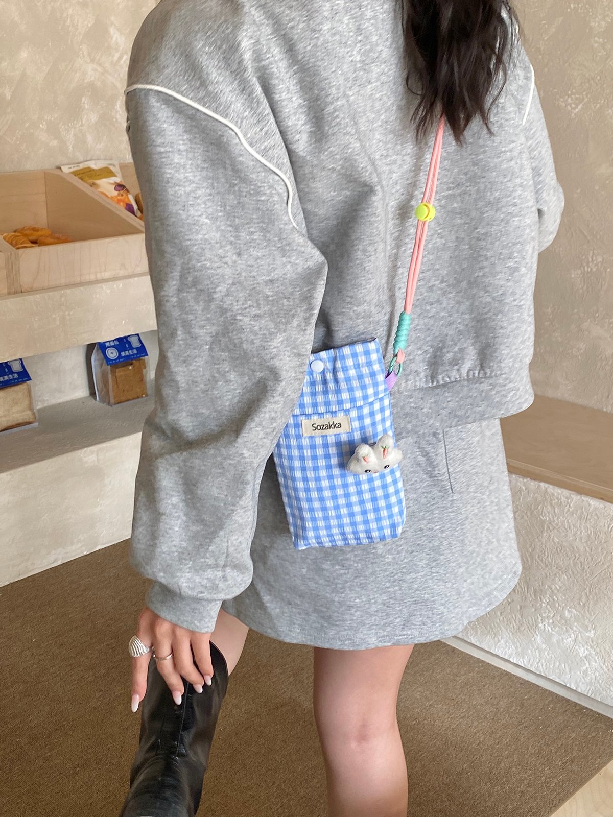 Blue Gingham Crossbody Bag With Bunny Charm