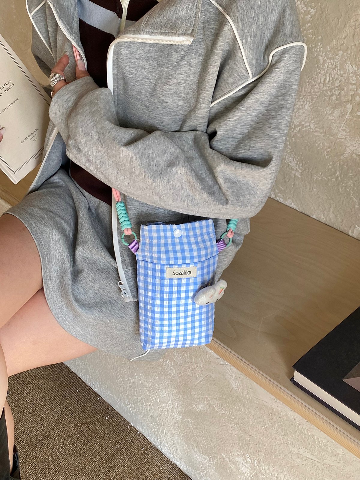 Blue Gingham Crossbody Bag With Bunny Charm
