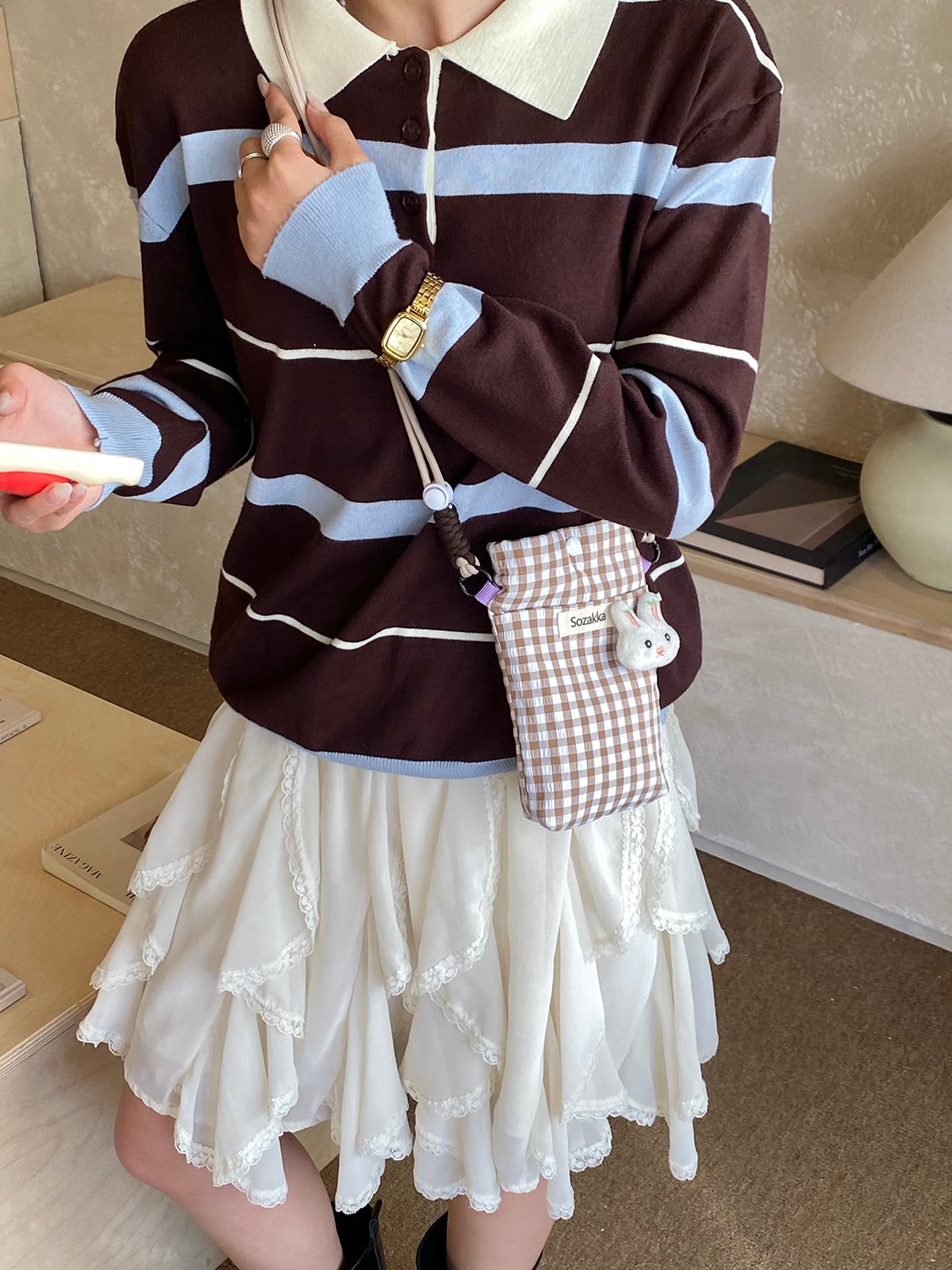 Coffee Brown Gingham Crossbody Bag with Bunny Charm