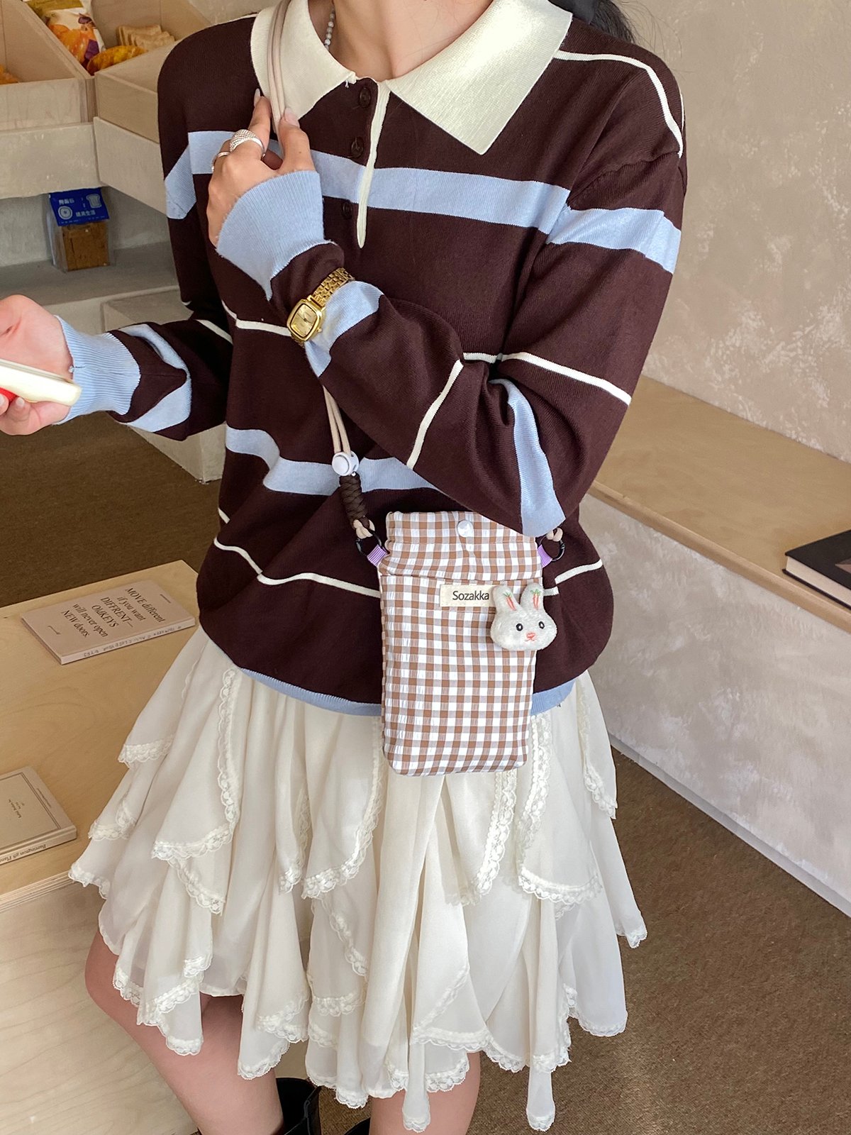 Coffee Brown Gingham Crossbody Bag with Bunny Charm