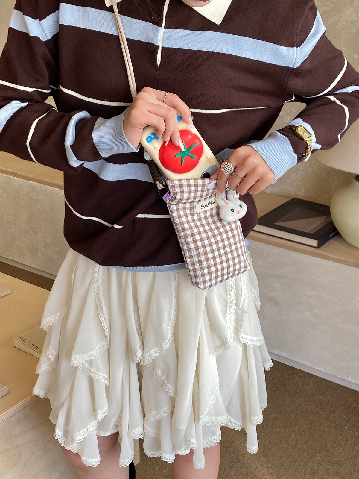 Coffee Brown Gingham Crossbody Bag with Bunny Charm
