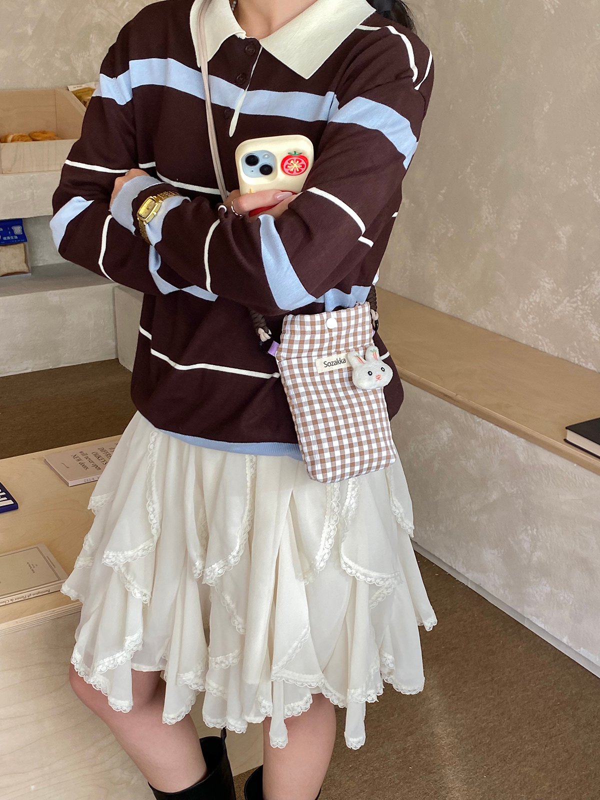 Coffee Brown Gingham Crossbody Bag with Bunny Charm