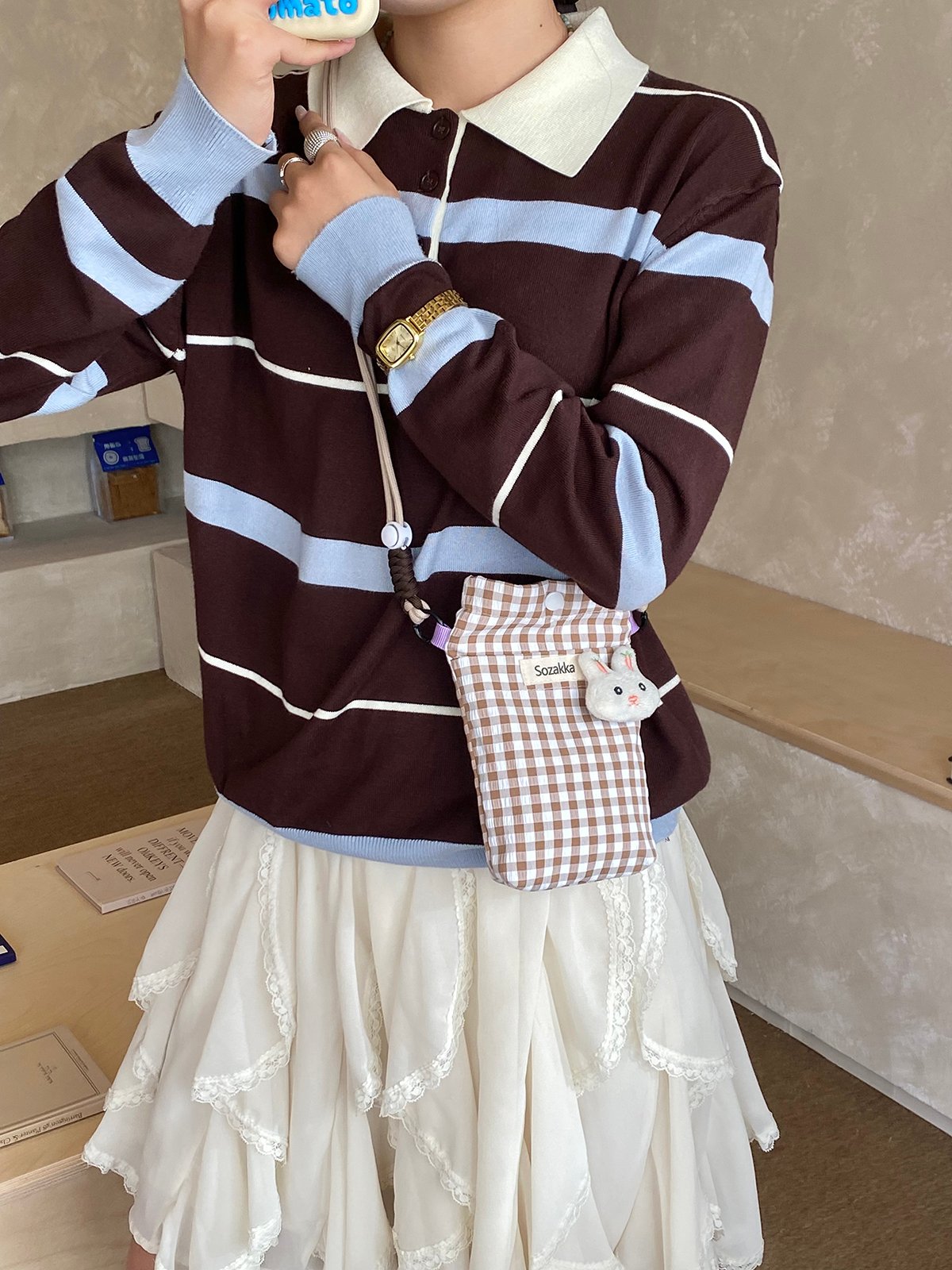 Coffee Brown Gingham Crossbody Bag with Bunny Charm