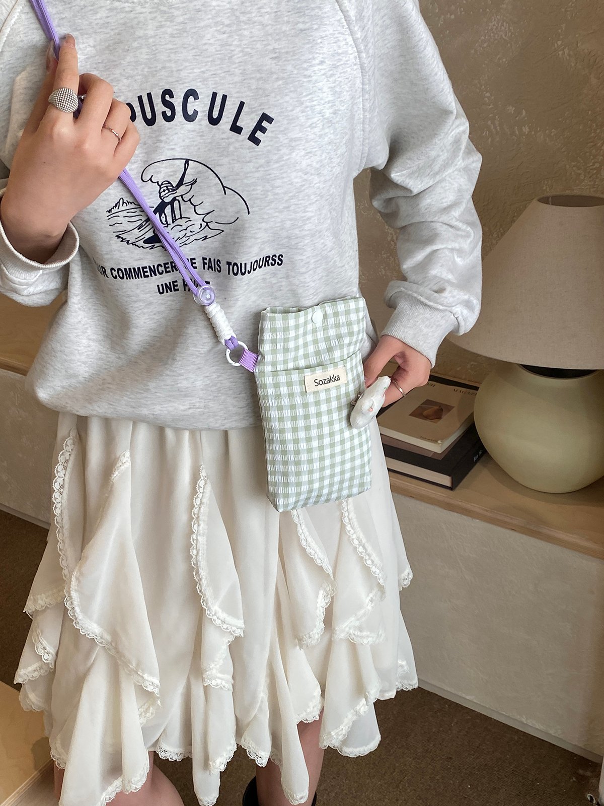 Green Cheked Crossbody Bag with Bunny Charm