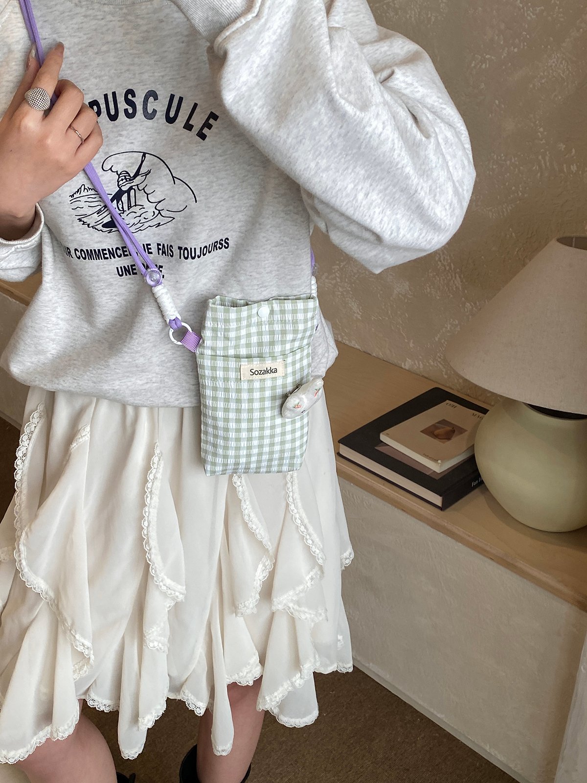 Green Cheked Crossbody Bag with Bunny Charm