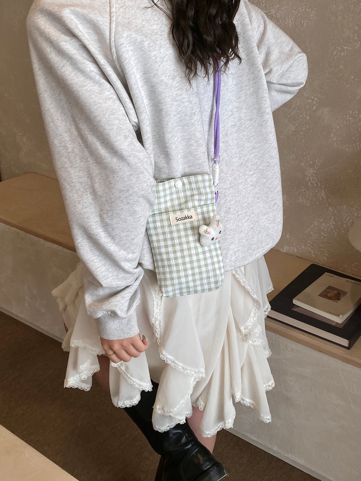 Green Cheked Crossbody Bag with Bunny Charm