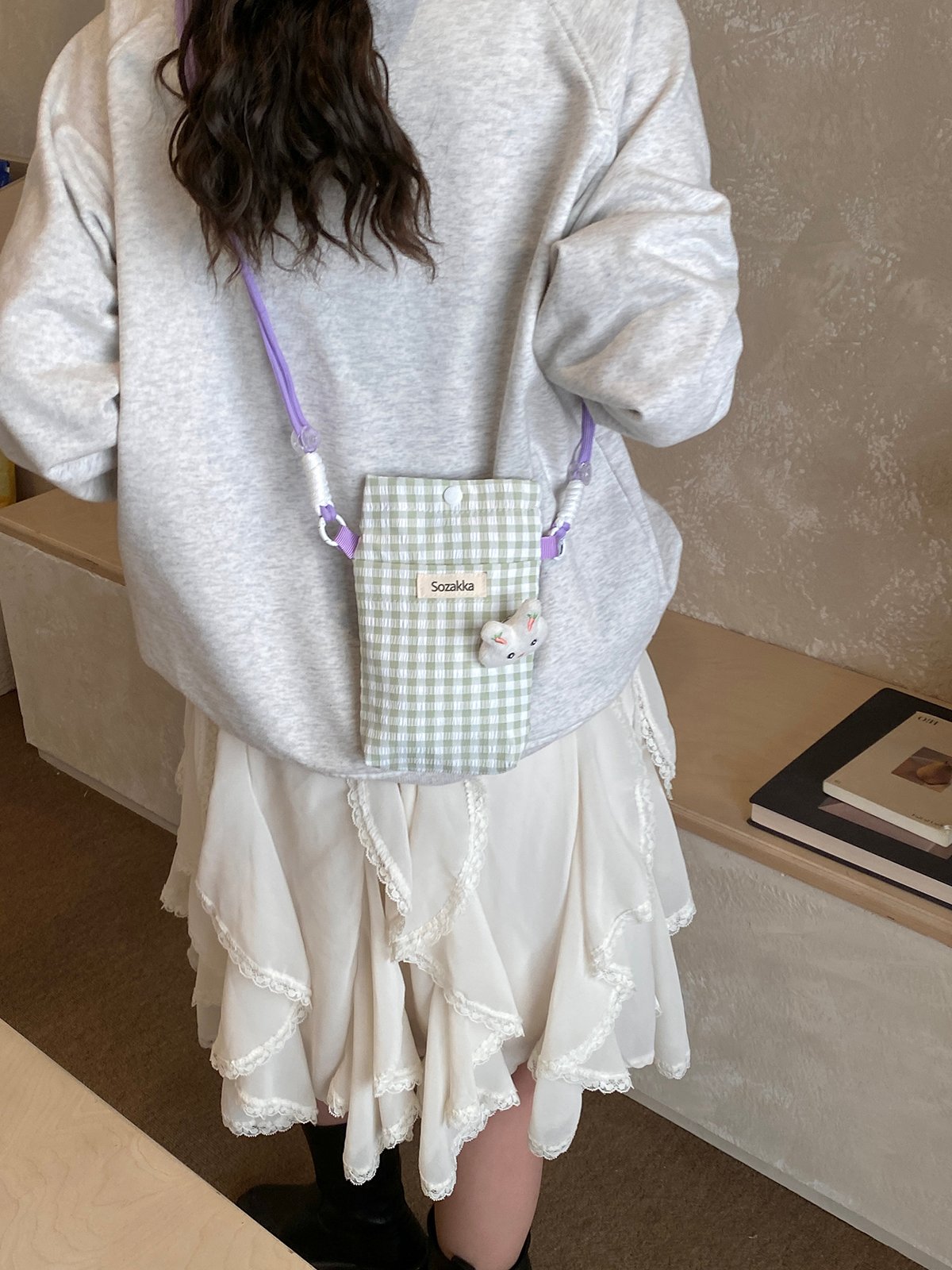 Green Cheked Crossbody Bag with Bunny Charm