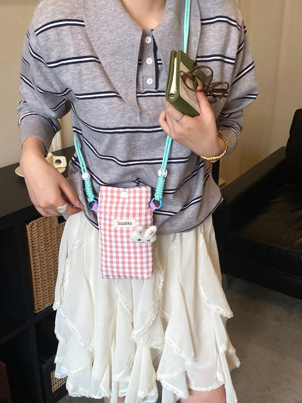 Pink Gingham Sozakka Crossbody Bag
