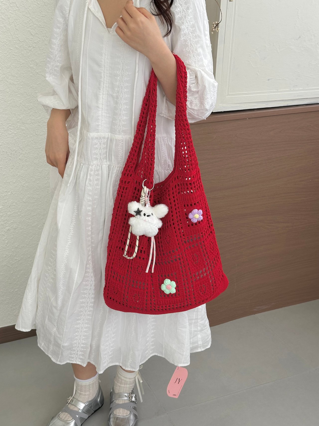 Red Crochet Shoulder Bag with Floral Accents