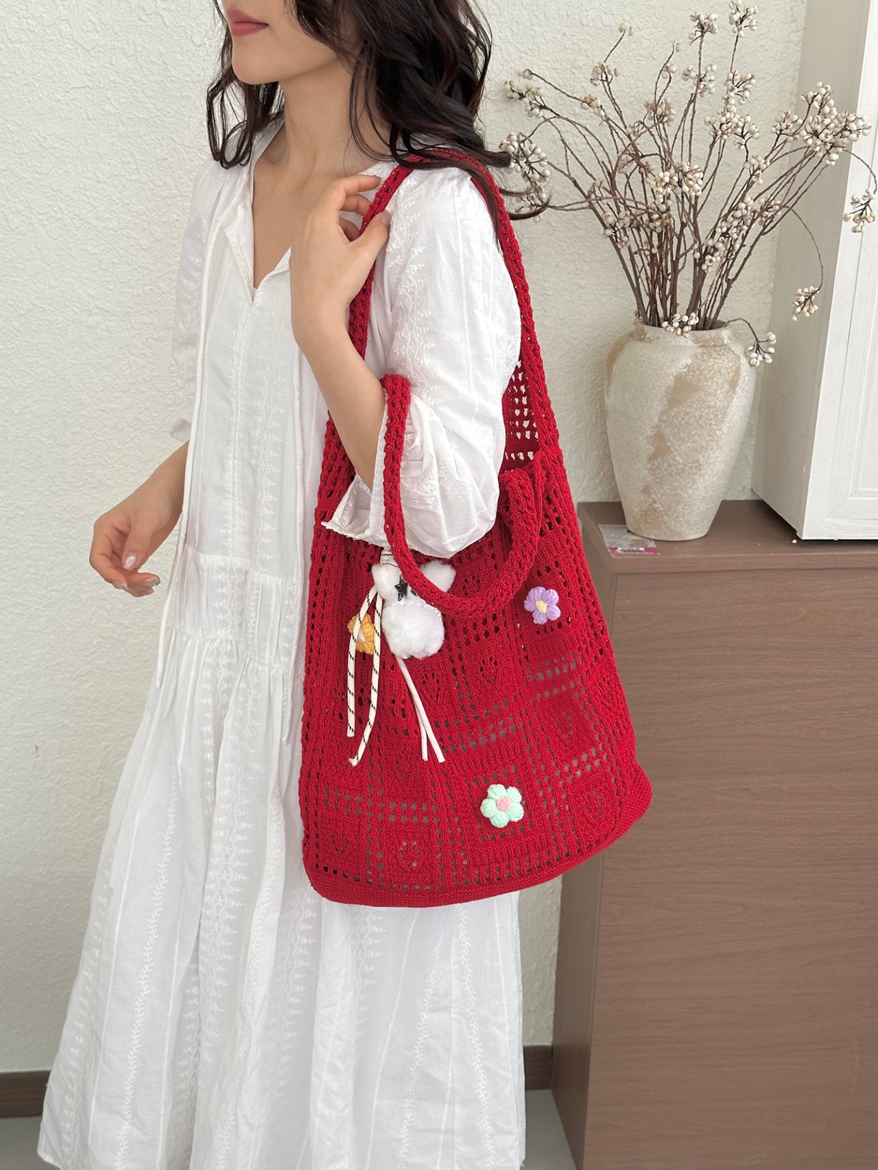 Red Crochet Shoulder Bag with Floral Accents