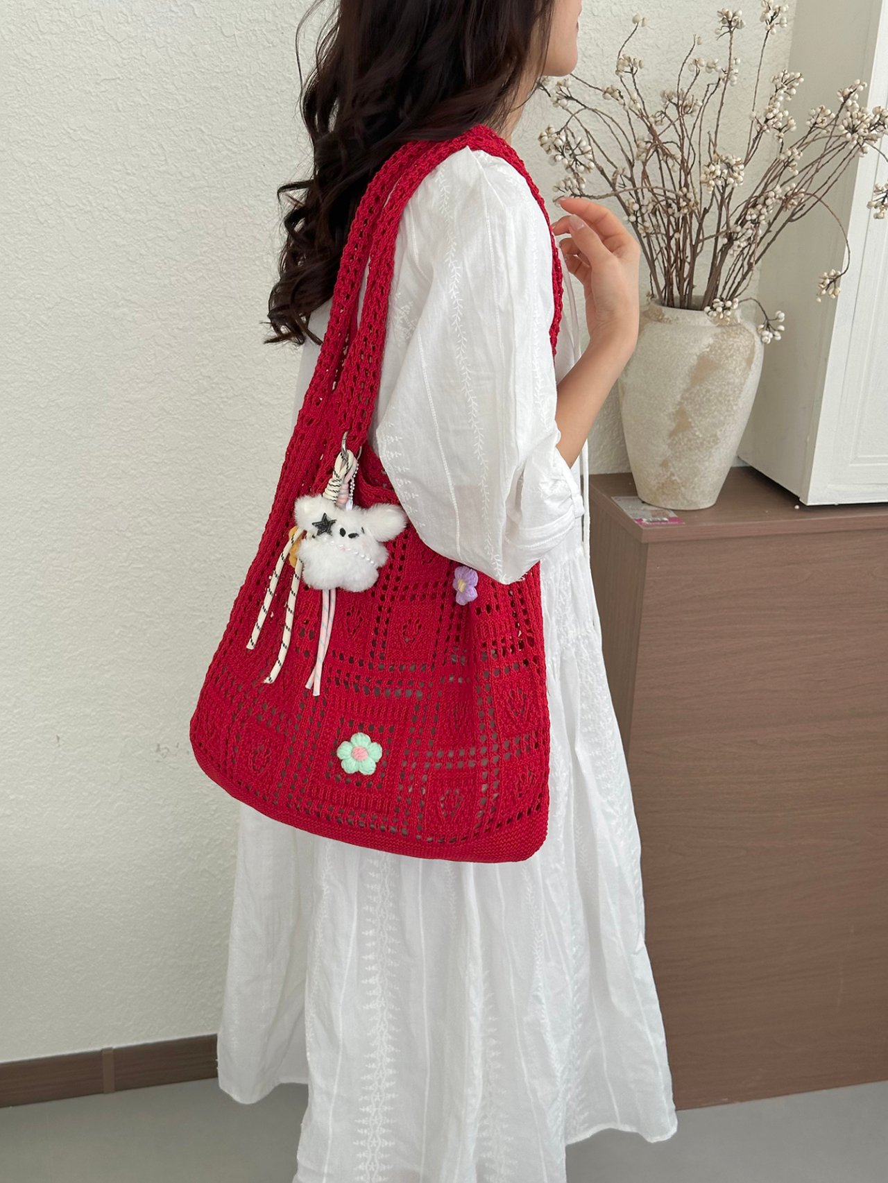 Red Crochet Shoulder Bag with Floral Accents