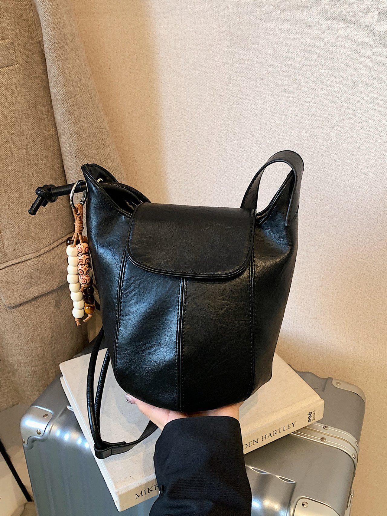 Black Crossbody Bag with Detachable Pendant