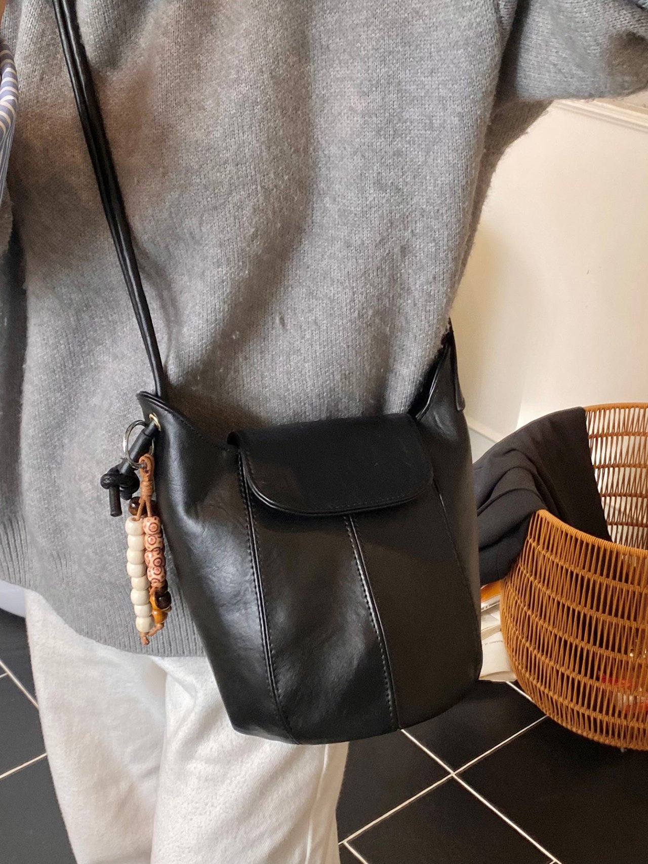 Black Crossbody Bag with Detachable Pendant