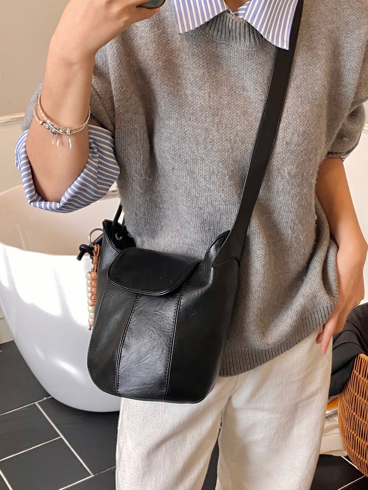 Black Crossbody Bag with Detachable Pendant