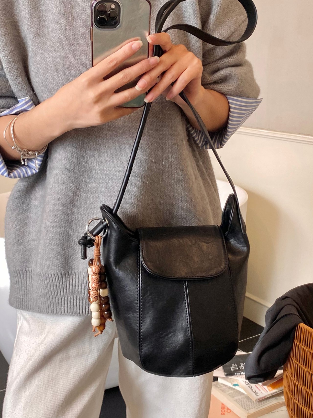 Black Crossbody Bag with Detachable Pendant