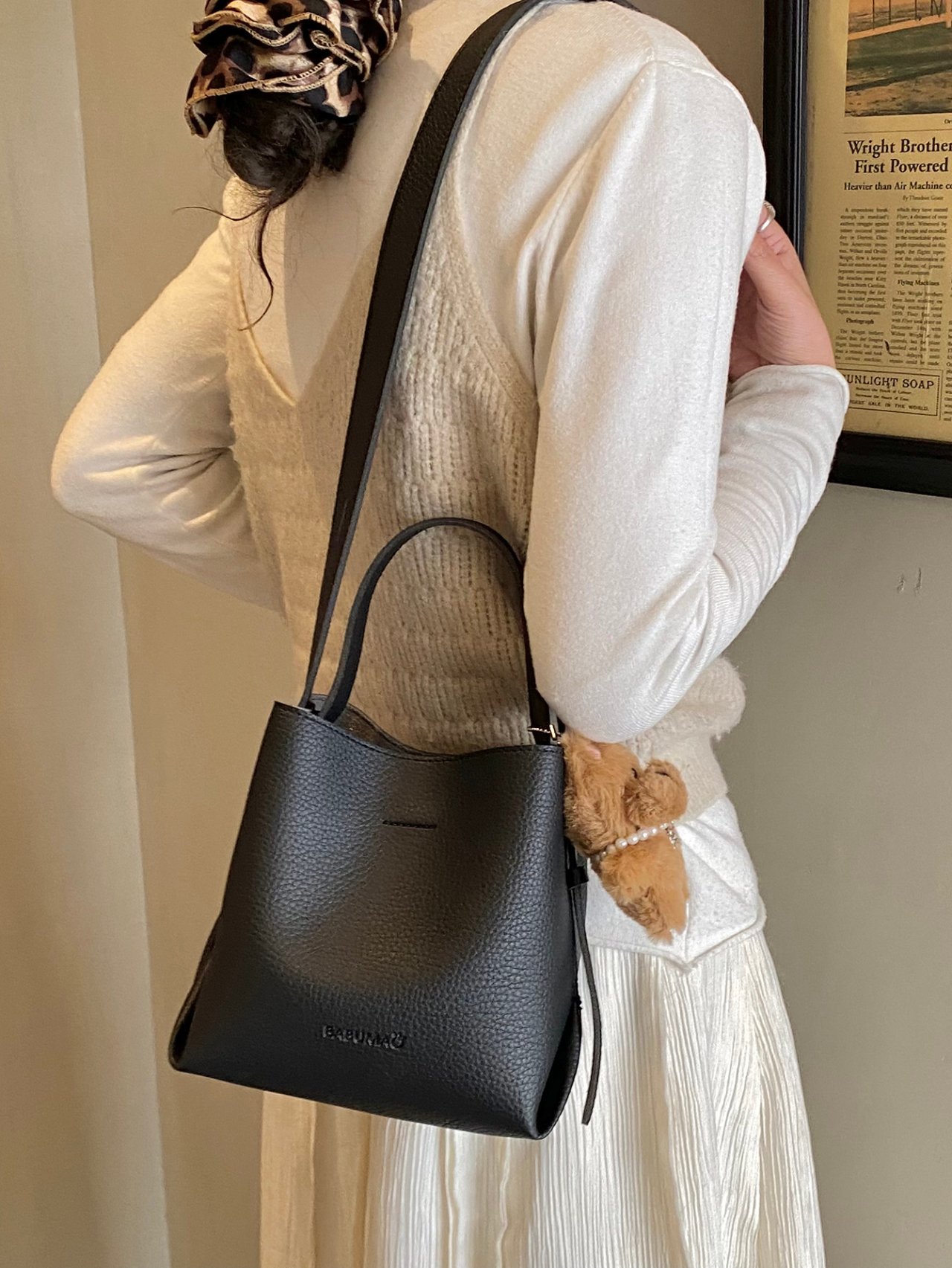 Black Pebble-Grain Crossbody Bag with Charm 