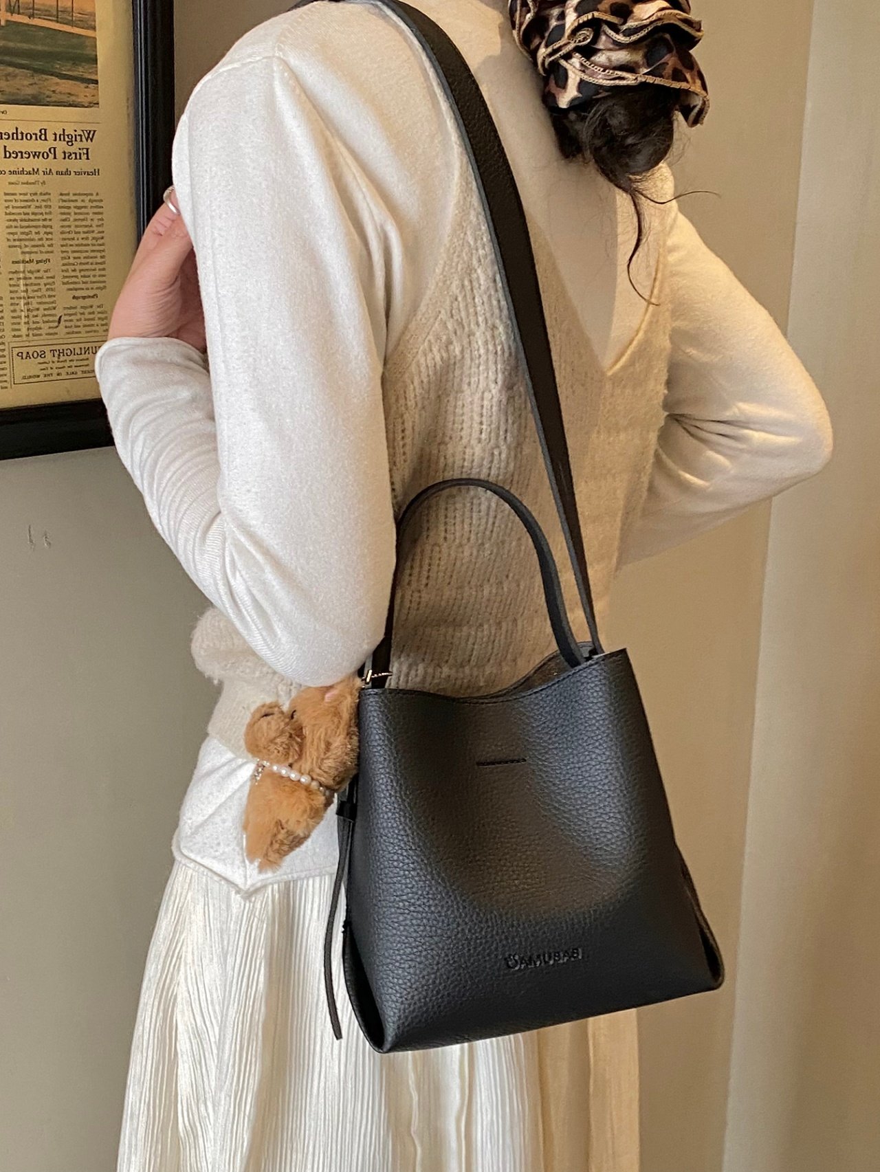 Black Pebble-Grain Crossbody Bag with Charm 